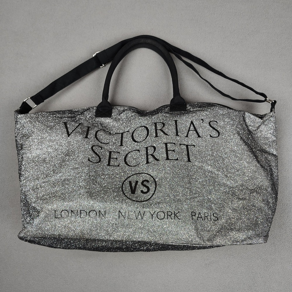 Victorias Secret Extra Large Tote Beach Bag Black Silver Glitter 26"Wide BIG